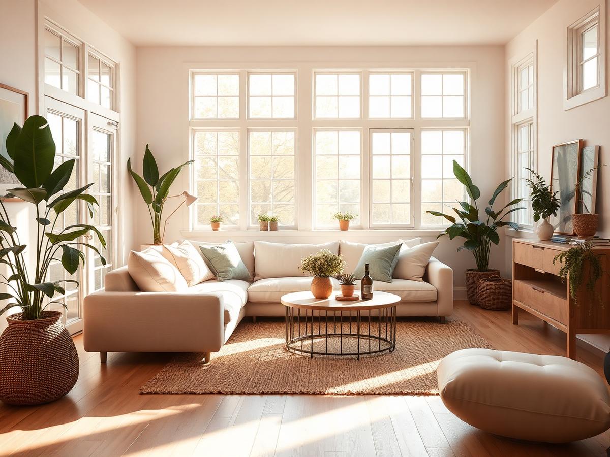 Sunlit California living room with linen sofa and oak floors
